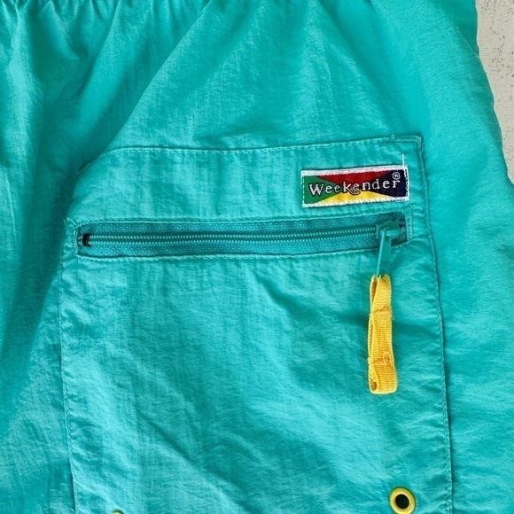 WEEKENDER, MENS, AQUA BLUE WITH YELLOW TRIM, SWIM TRUNKS. 2 SIDE POCKETS. SIZE M - Picture 5 of 8